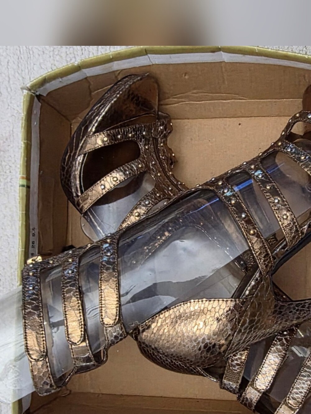Metallic Bronze Strappy High Heel Sandals Gladiator Y2k - Picture 7 of 8